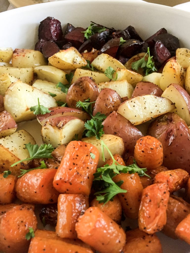 roasted carrots, potatoes, and beets with parsley