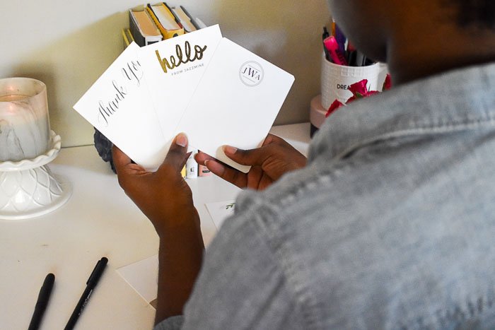 Stay on top of your grownup correspondence and brighten your loved ones' mailboxes with simple stationery for the modern girl from Basic Invite. by Dash of Jazz