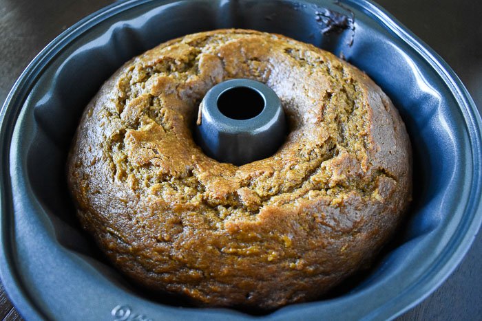 pumpkin apple spice cake in bundt pan.