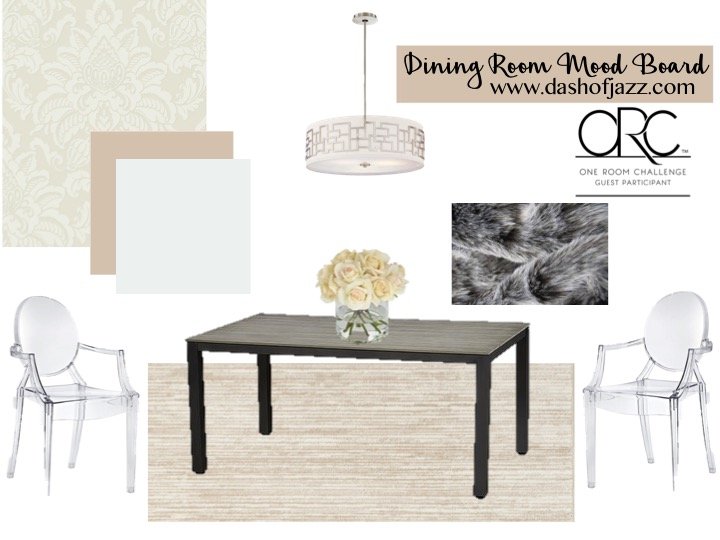 This dining room mood board is the visual plan for a modern, feminine room using affordable furniture and fixtures as part of the One Room Challenge. by Dash of Jazz