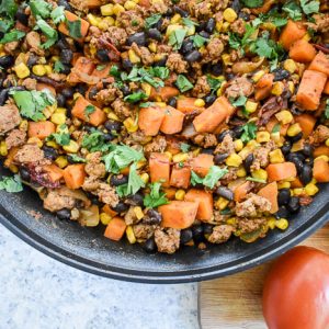 Spicy Chipotle Skillet Meal comes together in under an hour in one pan and is full of flavor and good for your ingredients. Serve it over rice, wrap it up in a tortilla or eat it as is! Recipe by Dash of Jazz