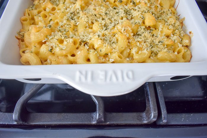 close-up of brown butter roasted garlic mac & cheese in pan