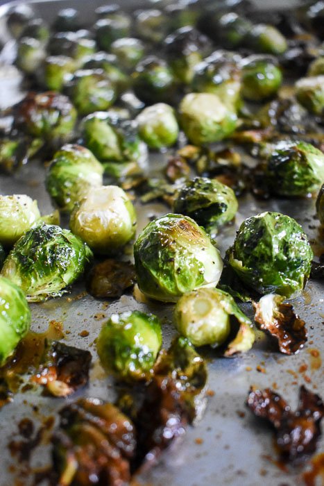 roasted maple brussels sprouts on sheet pan.