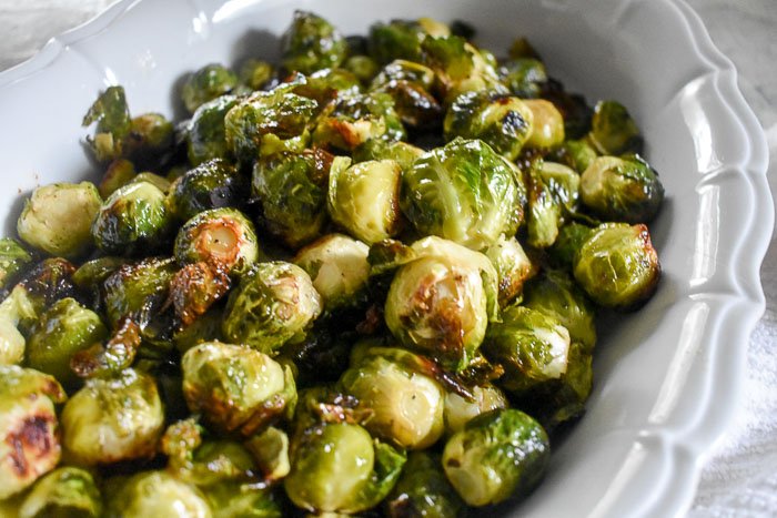 bowl of maple roasted brussels sprouts.