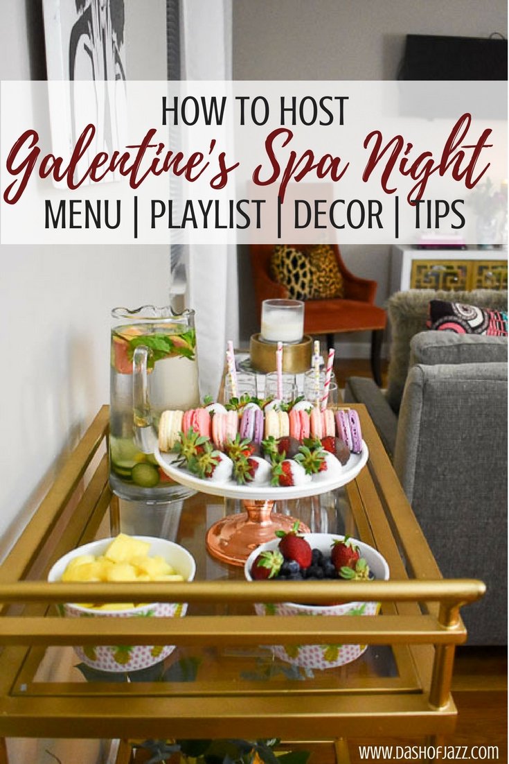 bar cart with desserts on it with text overlay "how to host galentine's spa night"