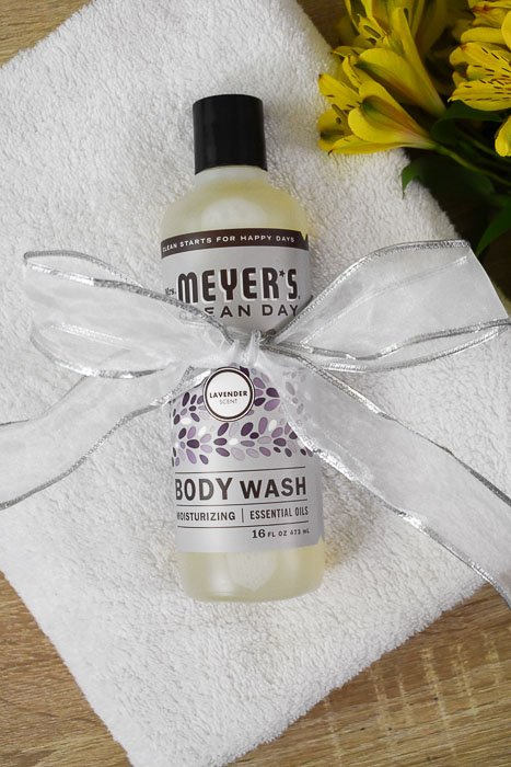 Mrs. Meyer's Lavender Body Wash wrapped in silver ribbon