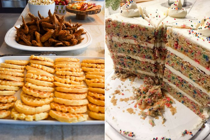 birthday cake and chicken and waffles spread