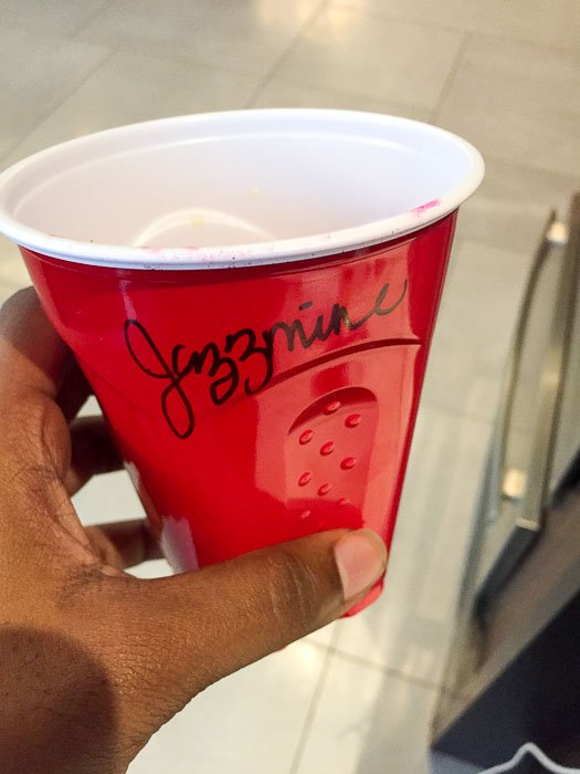 red solo cup with "Jazzmine" written in Sharpie.