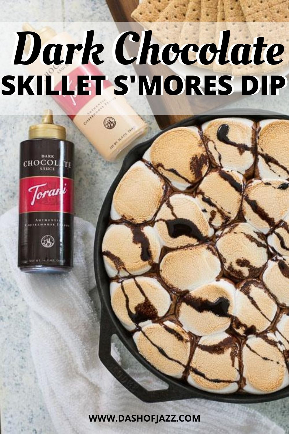 dark chocolate skillet s'mores dip with text overlay "dark chocolate skillet s'mores dip"