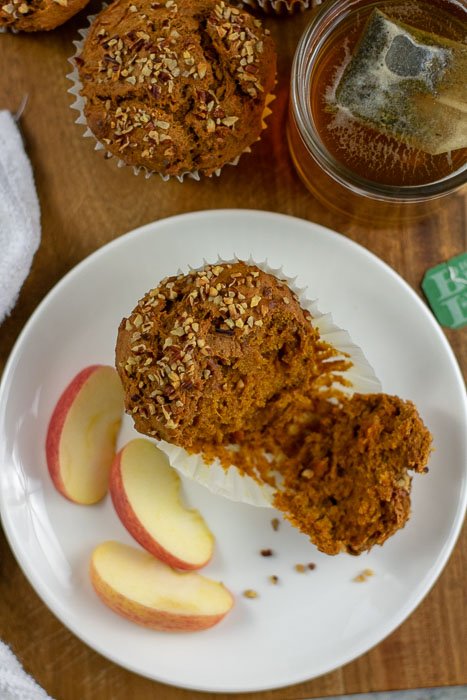 sweet potato gingerbread muffin served with tea and apple slices