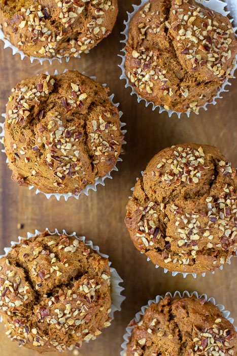 six jumbo muffins studded with pecan cookie pieces.