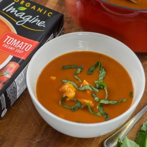 tomato basil chicken soup in bowl