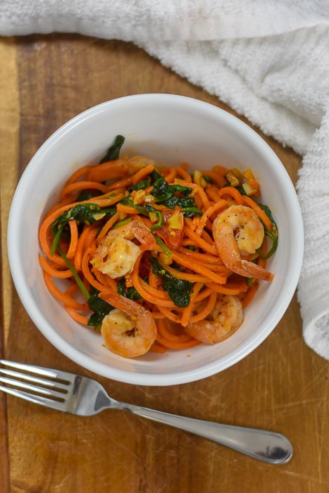 cooked spicy shrimp and veggies in bowl