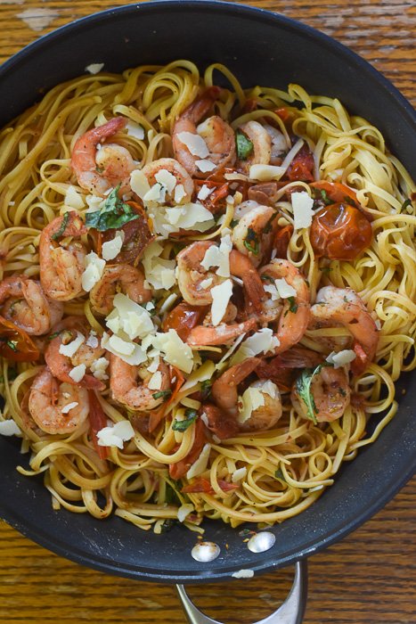 shrimp tomato pasta skillet dinner
