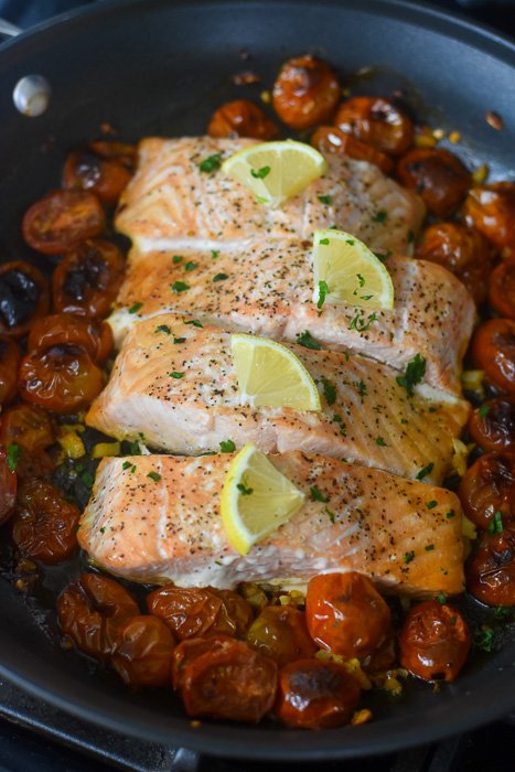 simple salmon and sweet baby tomatoes cooked in one pan