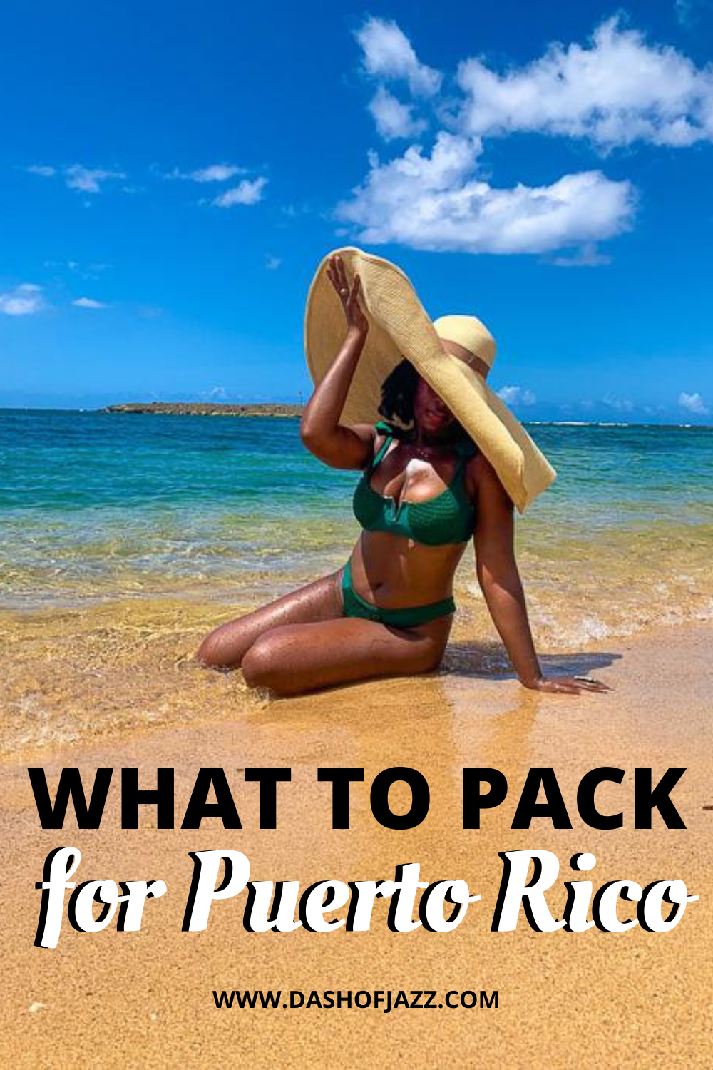 Jazzmine on Escambron Beach with text overlay "what to pack for Puerto Rico"