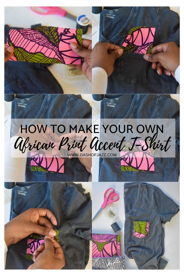 step by step photos for of sewing Ankara piece on t-shirt