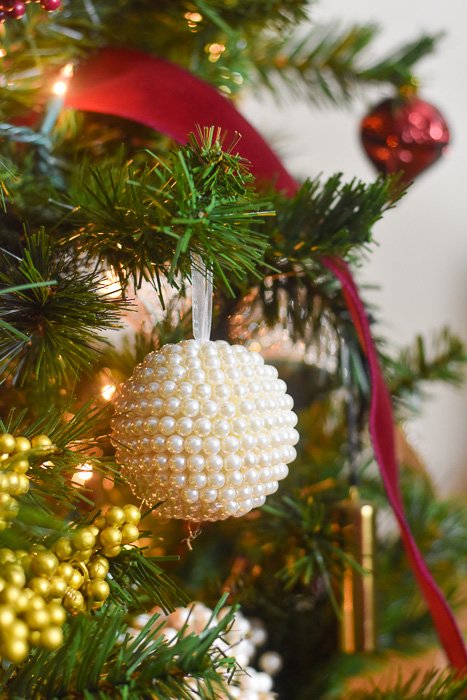 beaded pearl Christmas ornament on tree