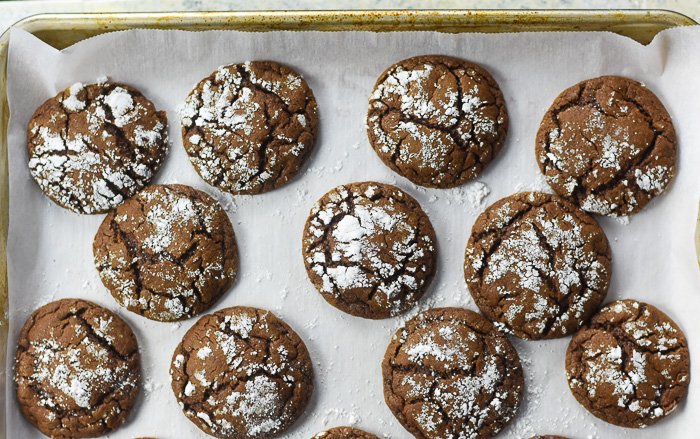 gingerbread cocoa cookies on baking sheet