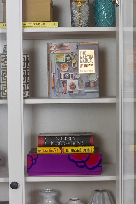 books styled on IKEA Hemnes cabinet shelves