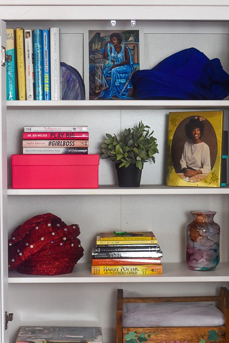 styled IKEA Hemnes bookshelf in girl boss blogger's home office