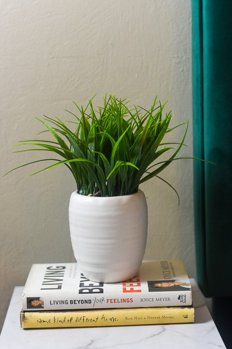 faux potted plant on bedside table