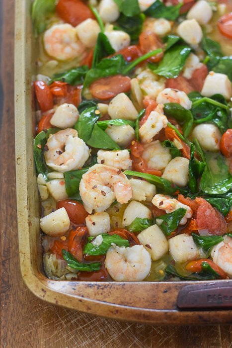 sheet pan of broiled shrimp & scallops