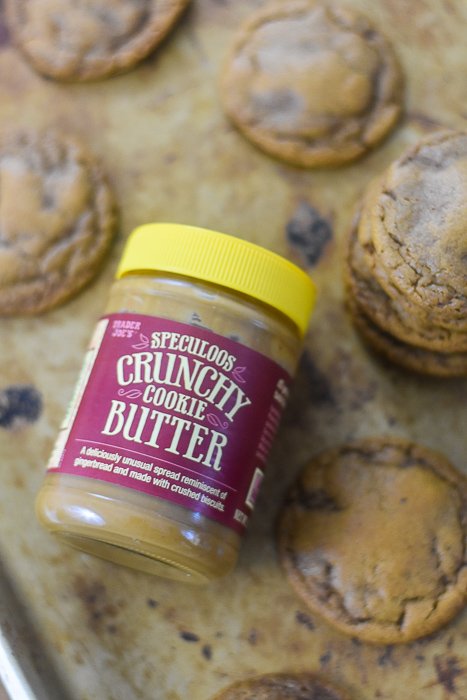 jar of speculoos cookie butter on baking sheet with cookie butter cookies