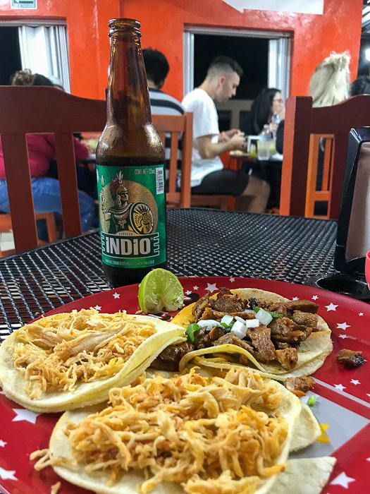 authentic Mexican tacos and Indio beer at Antojitos la Chiapaneca, Tulum, Mexico.