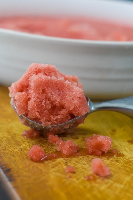 watermelon rosé sorbet on ice cream scoop