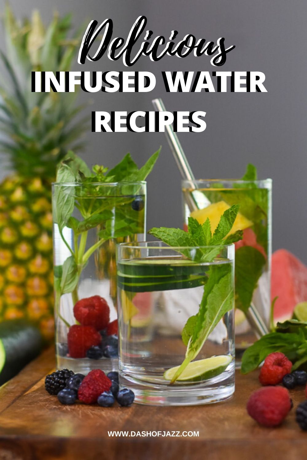 Pinterest image of three glasses of infused water