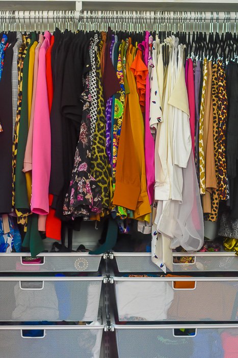 oragnized closet with Elfa hanging mesh drawers
