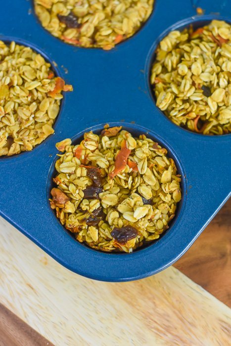 baked carrot cake oatmeal muffins in pan.