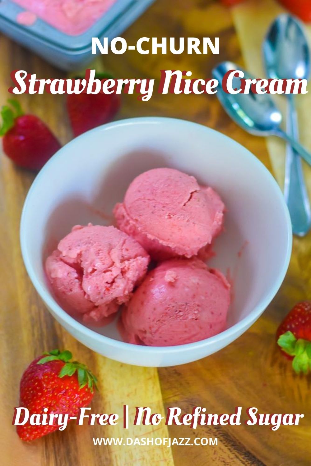 three scoops of strawberry nice cream in bowl with text overlay