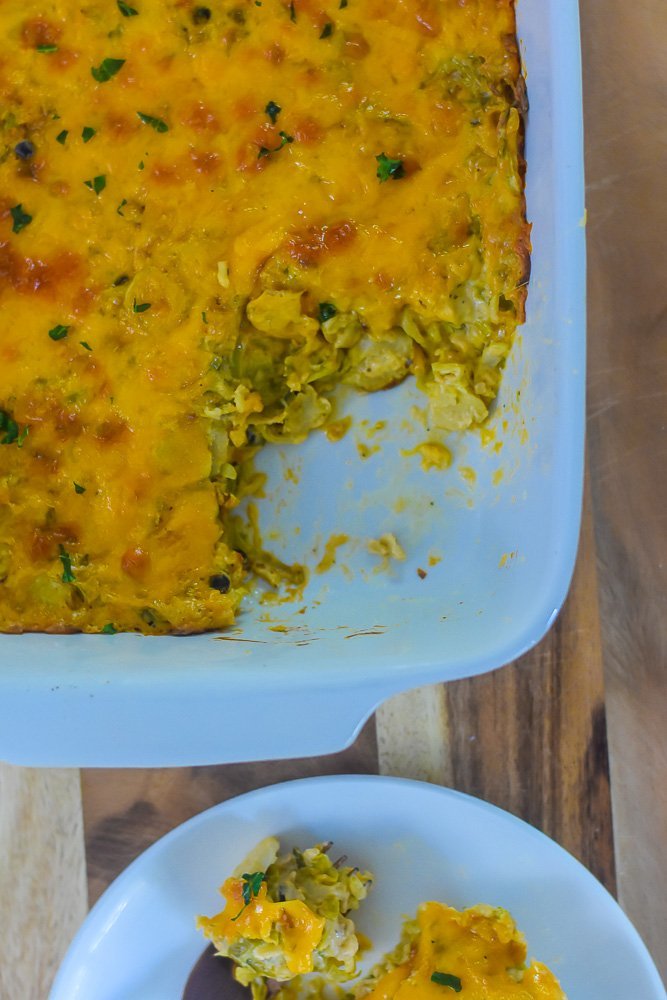 pan of cheesy brussels sprouts rice casserole