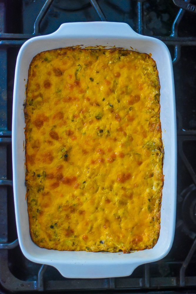 baked brussels sprouts cheese rice casserole on stove