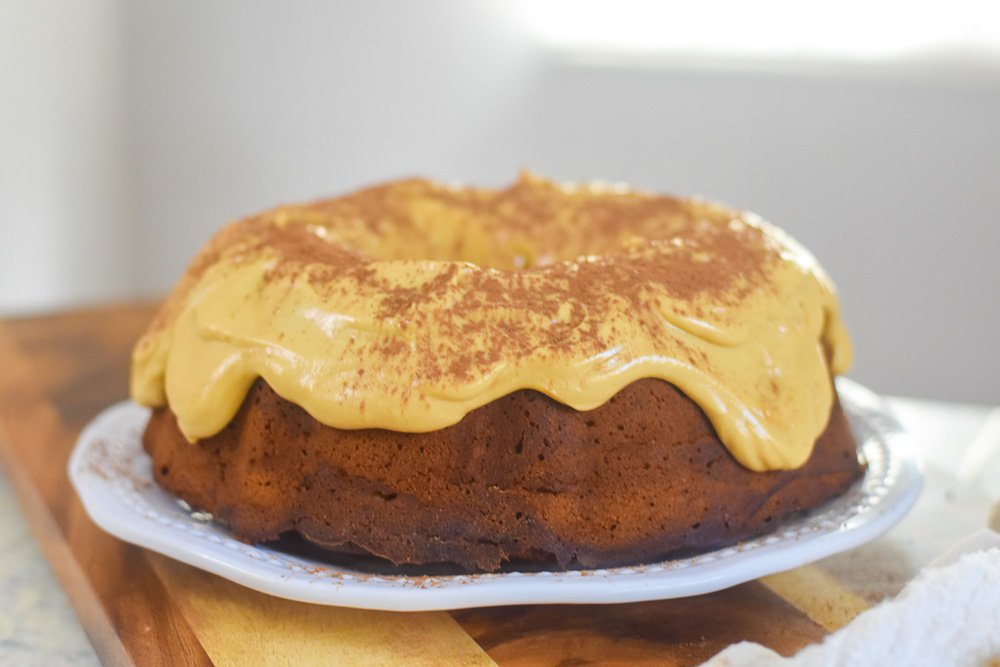 Peanut butter chocolate pound cake topped with peanut butter frosting.