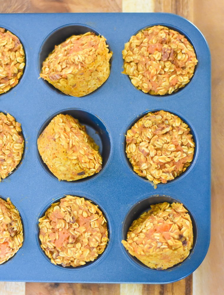 baked sweet potato oatmeal muffins in pan