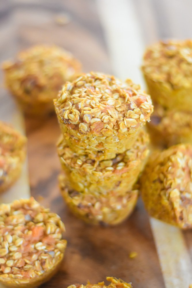 stacked sweet potato baked oatmeal muffins.