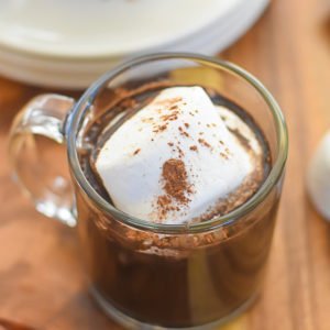 mug of bourbon gingerbread hot cocoa with jumbo marshmallow on top