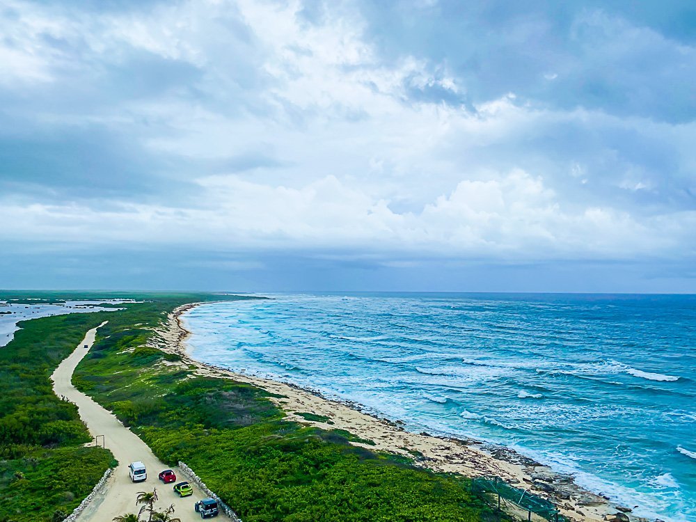 View of beach from Punta Sur lighthouse observation deck.