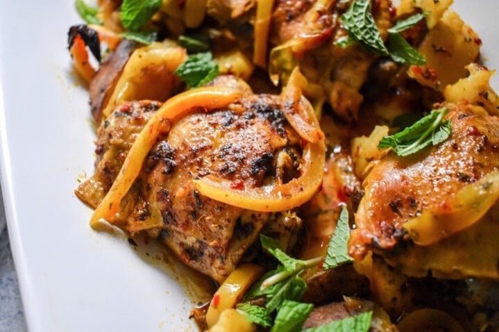 slow cooked Moroccan spiced chicken thighs.