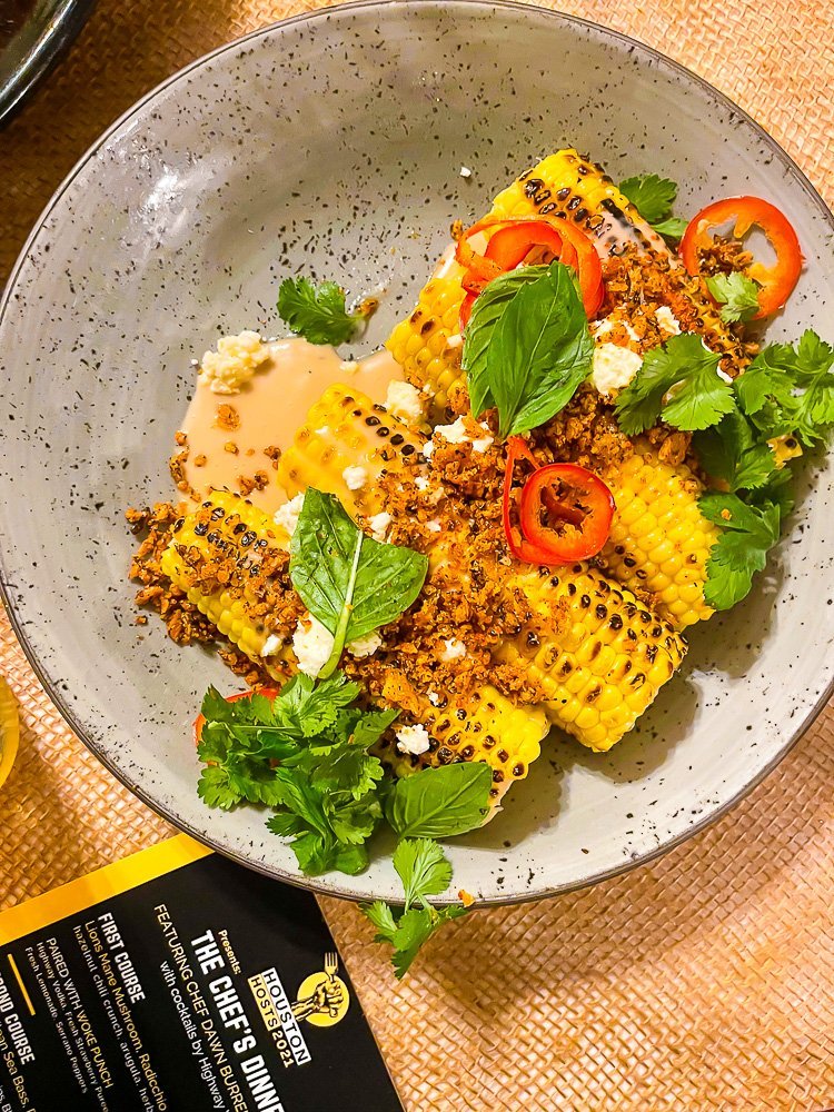 street corn dish on gray stone plate from chef Dawn Burrell.