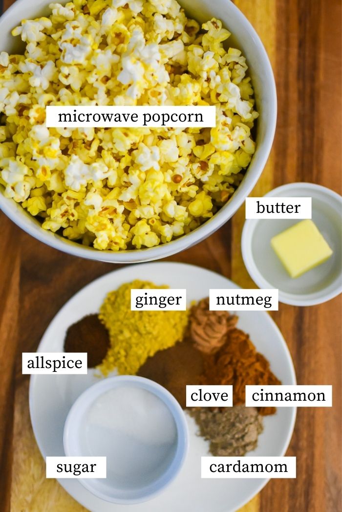 flat lay of ingredients for chai spiced popcorn.