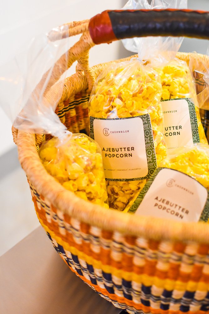 Basket of ajebutter popcorn on display.