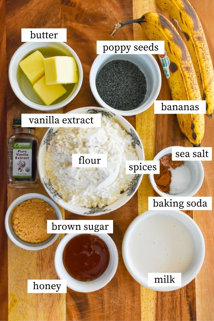 flat lay of ingredients for banana bread on wooden counter top.