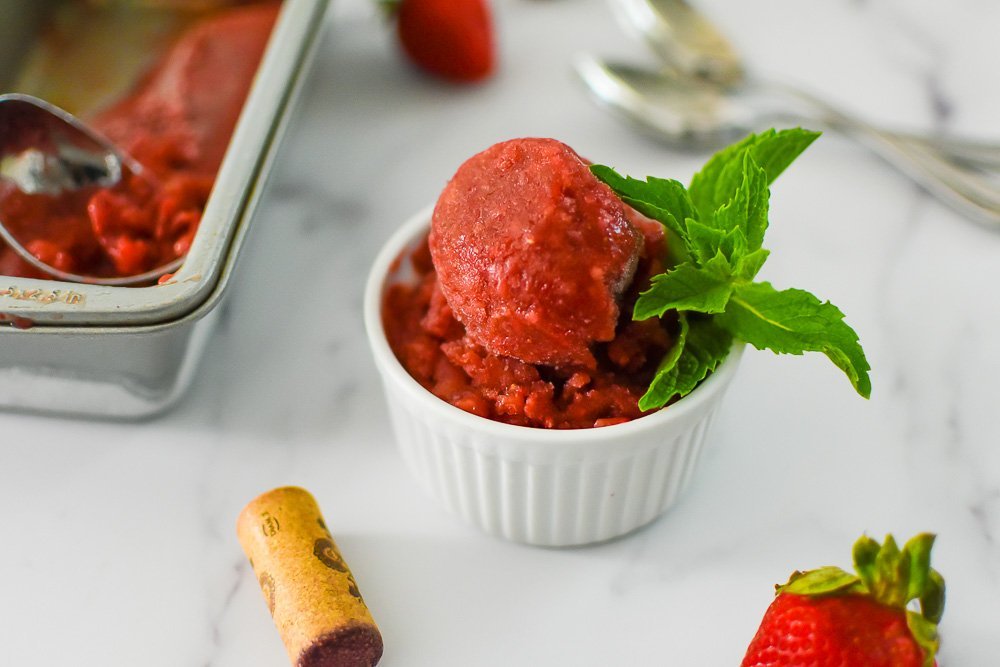 strawberry red wine sorbet garnished with fresh mint.