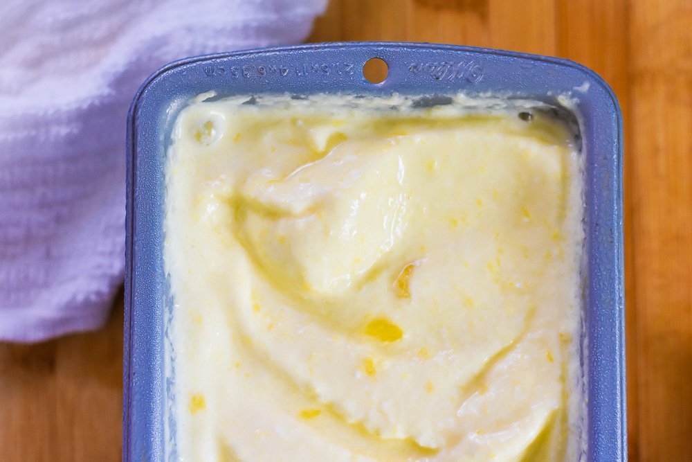 homemade pineapple ice cream in loaf pan.