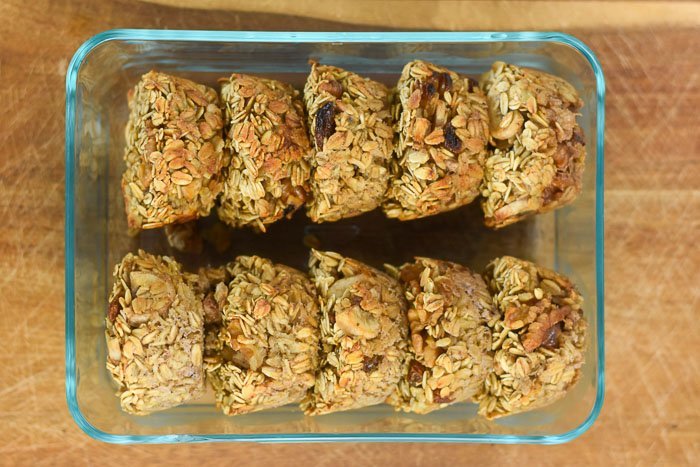 10 banana nut baked oatmeal cups in sealable container.
