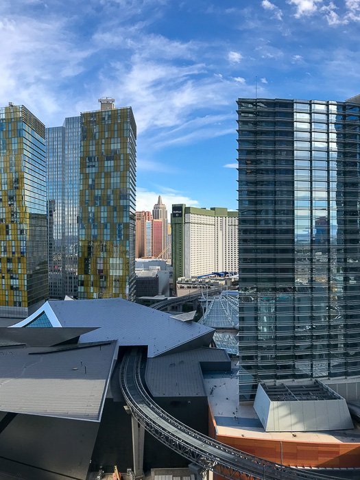 view of Vegas buildings from inside Cosmo hotel.